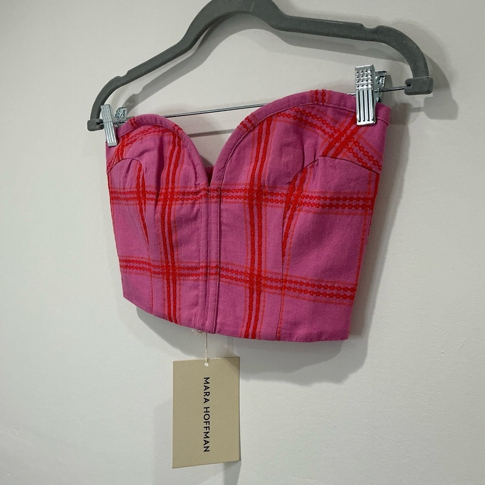 NWT Mara Hoffman Rilynn Cropped Strapless Embroidered Checked Cotton Top - Picture 6 of 7